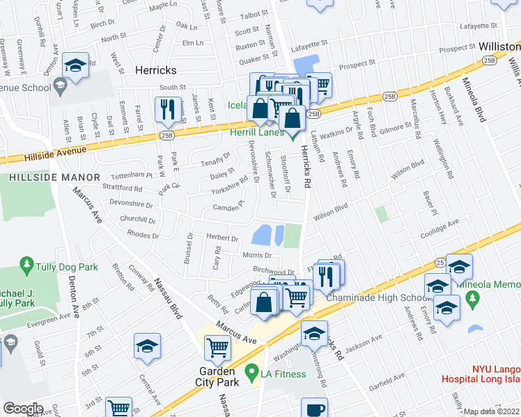 map of restaurants, bars, coffee shops, grocery stores, and more near 98 Devonshire Drive in New Hyde Park