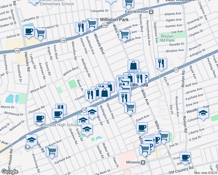 map of restaurants, bars, coffee shops, grocery stores, and more near 308 Burkhard Avenue in Mineola