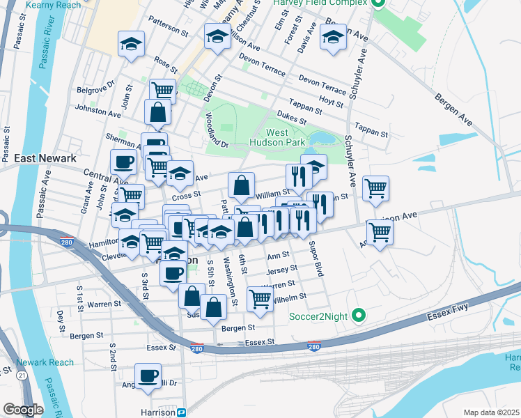 map of restaurants, bars, coffee shops, grocery stores, and more near 714 Hamilton Street in Harrison