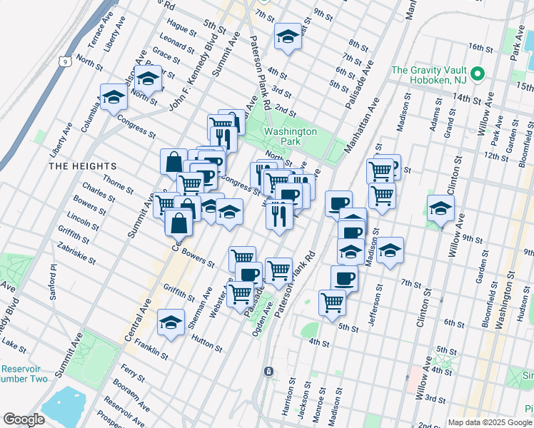 map of restaurants, bars, coffee shops, grocery stores, and more near 310 Webster Avenue in Jersey City