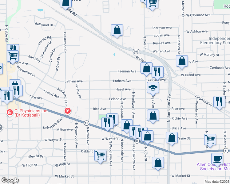 map of restaurants, bars, coffee shops, grocery stores, and more near 1411 Hazel Ave in Lima