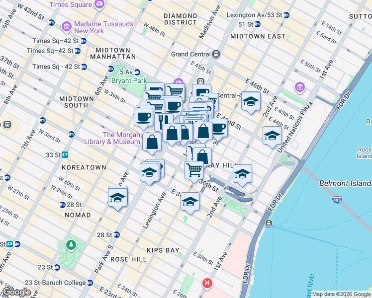 map of restaurants, bars, coffee shops, grocery stores, and more near 310 Lexington Avenue in New York