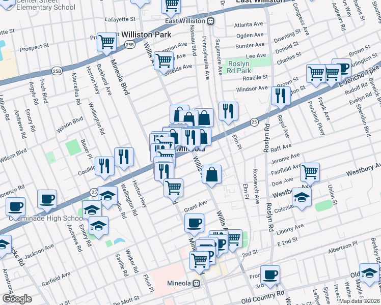 map of restaurants, bars, coffee shops, grocery stores, and more near in Mineola