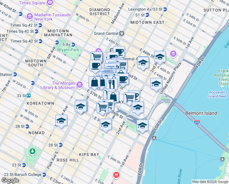 map of restaurants, bars, coffee shops, grocery stores, and more near 152 East 39th Street in New York