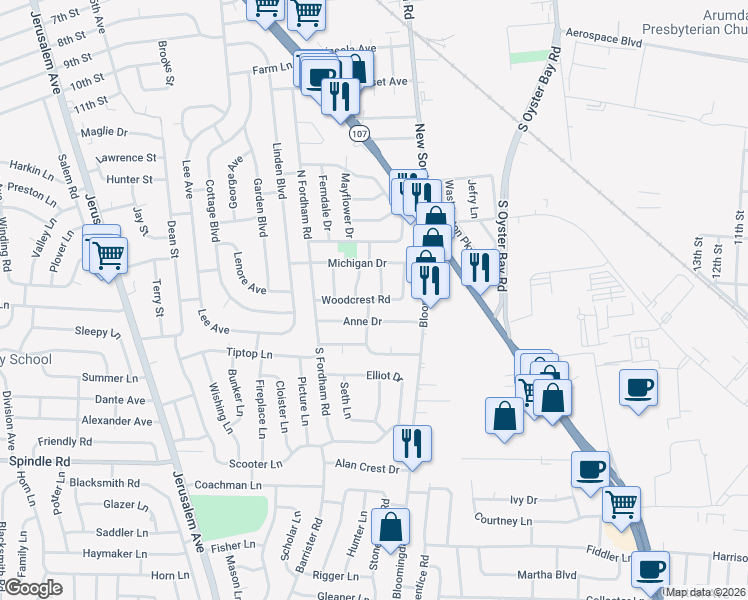 map of restaurants, bars, coffee shops, grocery stores, and more near 25 Woodcrest Road in Hicksville