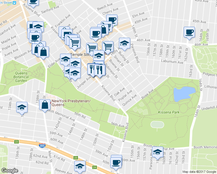 map of restaurants, bars, coffee shops, grocery stores, and more near 140-16 Mulberry Avenue in Queens