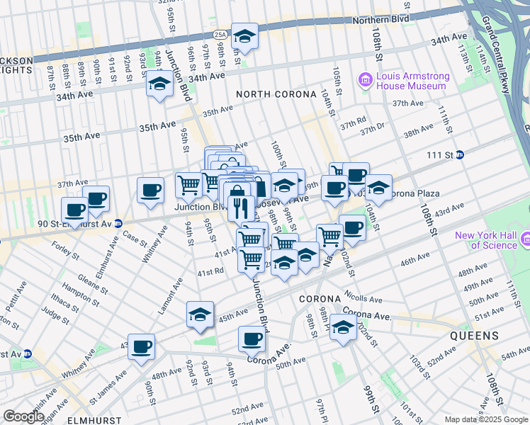map of restaurants, bars, coffee shops, grocery stores, and more near 40-08 98th Street in Queens