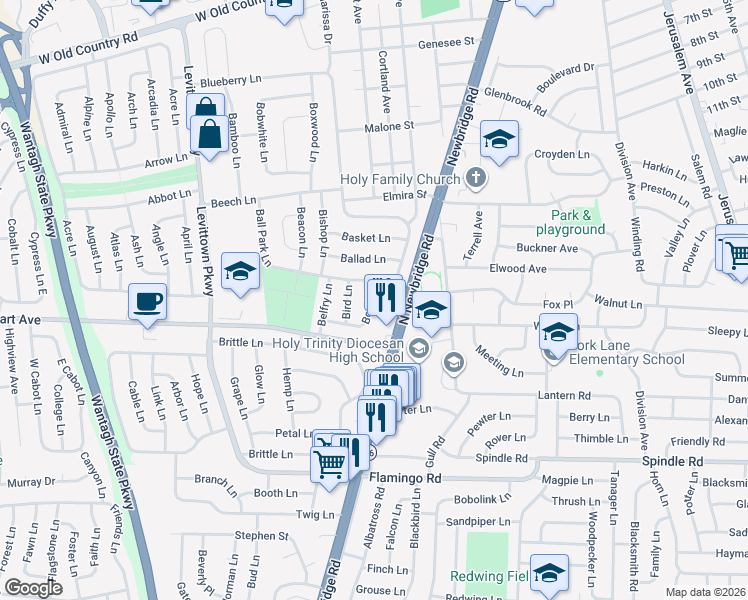 map of restaurants, bars, coffee shops, grocery stores, and more near 11 Bond Lane in Hicksville