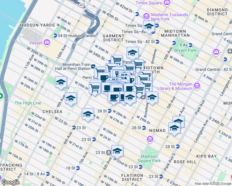 map of restaurants, bars, coffee shops, grocery stores, and more near 2 Pennsylvania Plaza in New York
