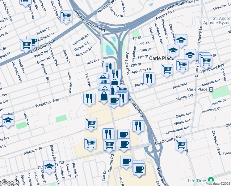 map of restaurants, bars, coffee shops, grocery stores, and more near 231 Glen Cove Road in Carle Place