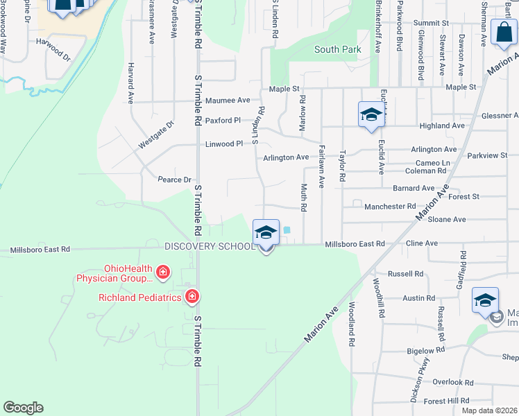 map of restaurants, bars, coffee shops, grocery stores, and more near 366 South Linden Road in Mansfield
