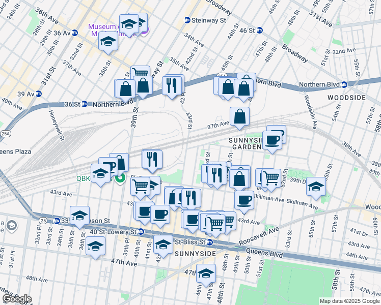 map of restaurants, bars, coffee shops, grocery stores, and more near 43-02 Barnett Avenue in Queens