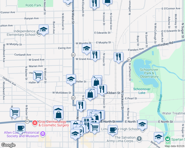 map of restaurants, bars, coffee shops, grocery stores, and more near 735 North Main Street in Lima
