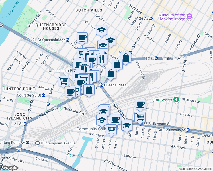 map of restaurants, bars, coffee shops, grocery stores, and more near 29-14 Queens Boulevard in Queens