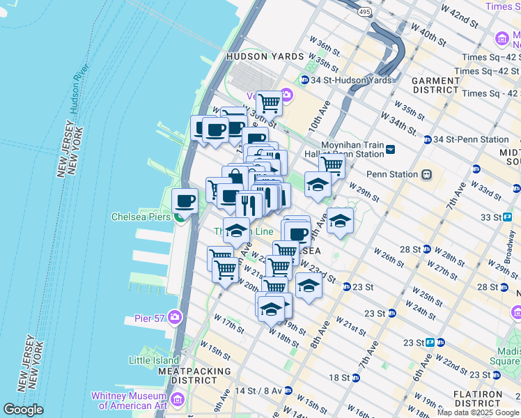 map of restaurants, bars, coffee shops, grocery stores, and more near 249 10th Avenue in New York