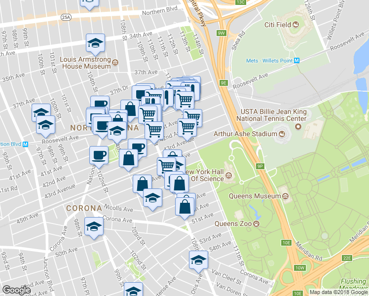 map of restaurants, bars, coffee shops, grocery stores, and more near 108-57 44th Avenue in Queens