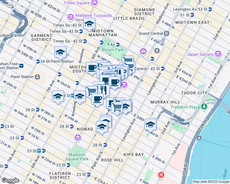 map of restaurants, bars, coffee shops, grocery stores, and more near 200 Madison Avenue in New York