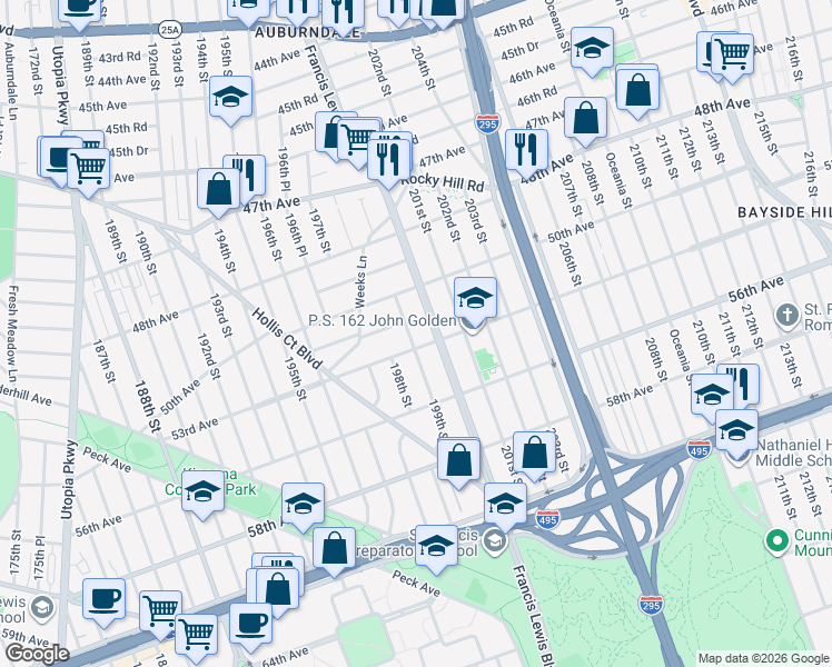 map of restaurants, bars, coffee shops, grocery stores, and more near 51-15 199th Street in Queens