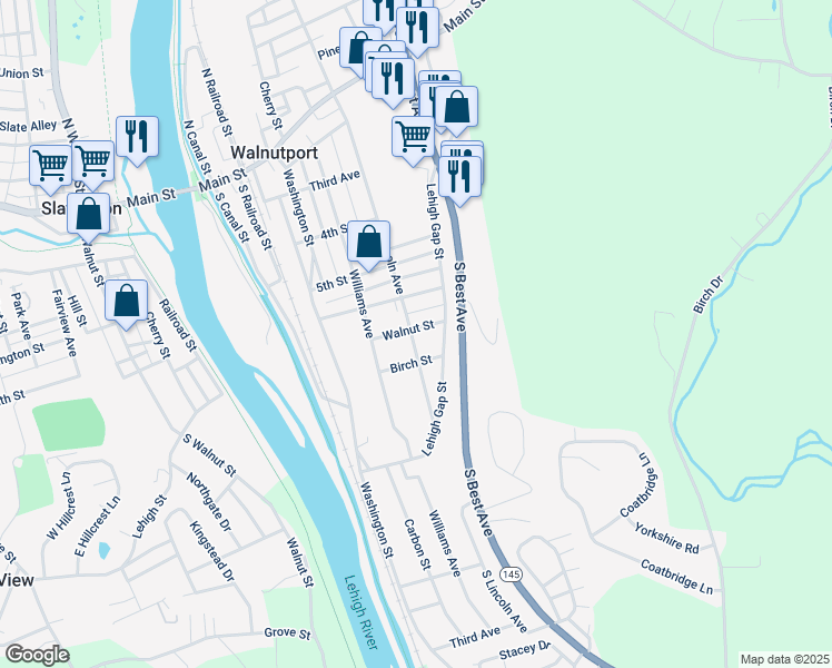 map of restaurants, bars, coffee shops, grocery stores, and more near 627 South Lincoln Avenue in Walnutport
