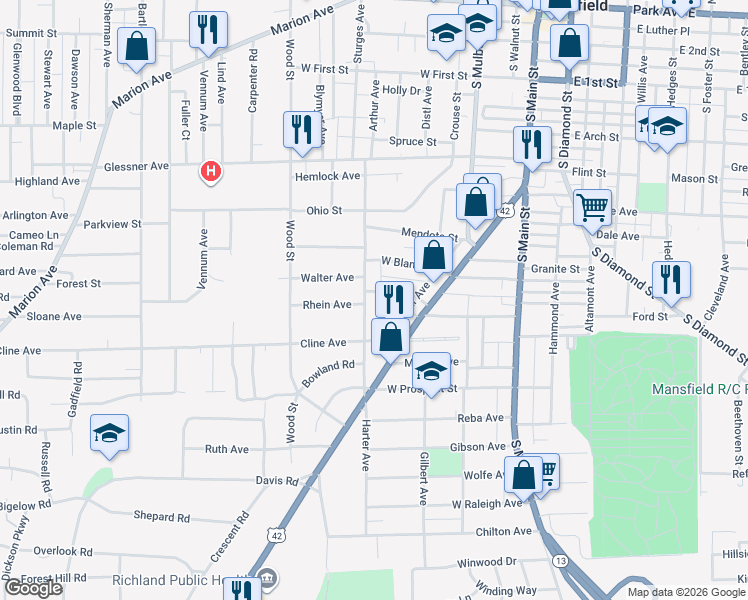 map of restaurants, bars, coffee shops, grocery stores, and more near 163 Grover Street in Mansfield