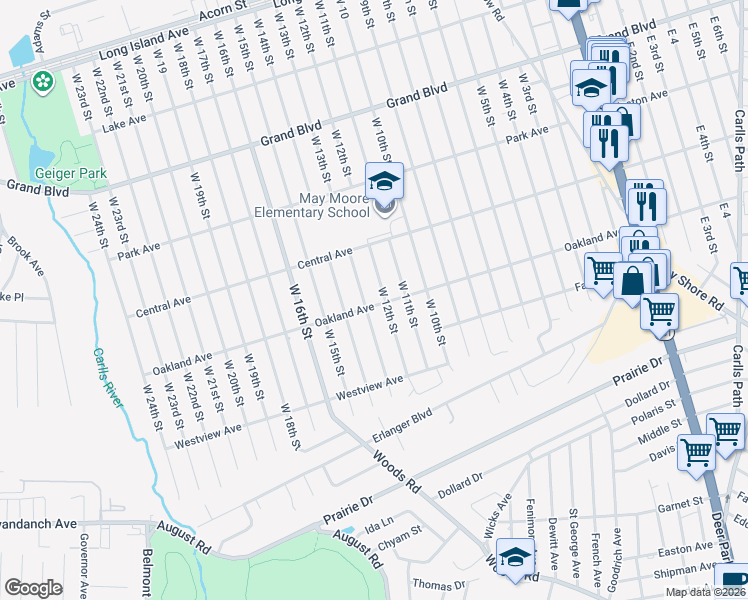 map of restaurants, bars, coffee shops, grocery stores, and more near 275 Oakland Avenue in Deer Park