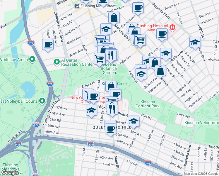 map of restaurants, bars, coffee shops, grocery stores, and more near 55-14 Main Street in Queens