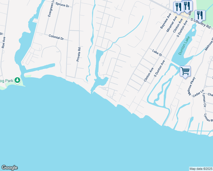 map of restaurants, bars, coffee shops, grocery stores, and more near 32 Ocean Avenue in East Patchogue