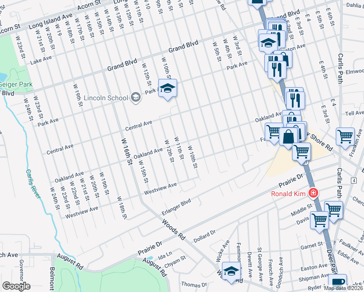 map of restaurants, bars, coffee shops, grocery stores, and more near 246 Oakland Avenue in Deer Park