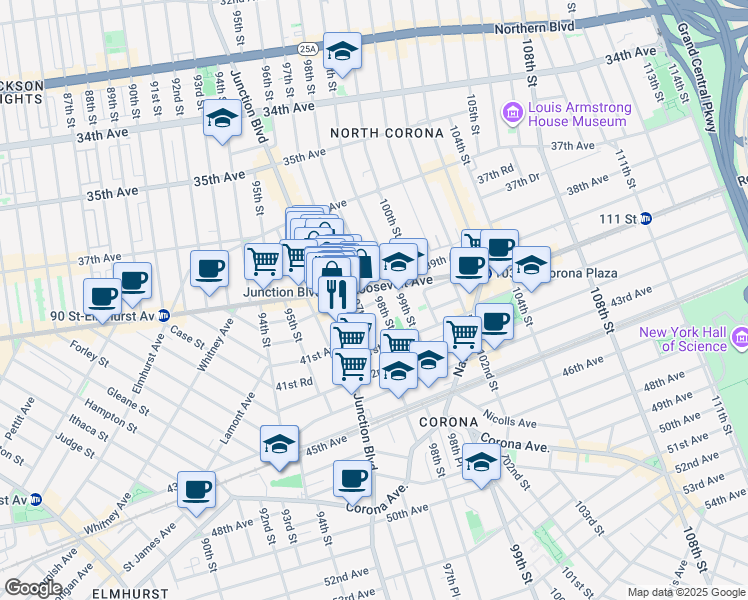 map of restaurants, bars, coffee shops, grocery stores, and more near 40-08 98th Street in Queens