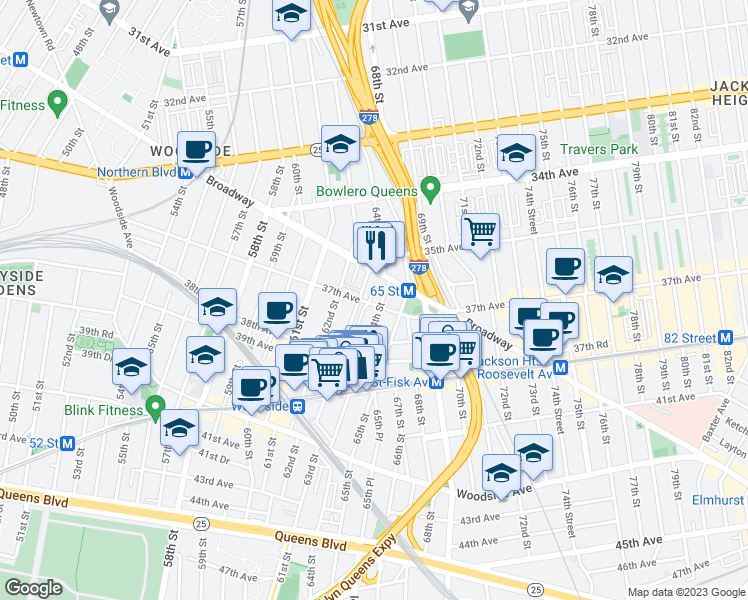 map of restaurants, bars, coffee shops, grocery stores, and more near 35-52 64th Street in Queens