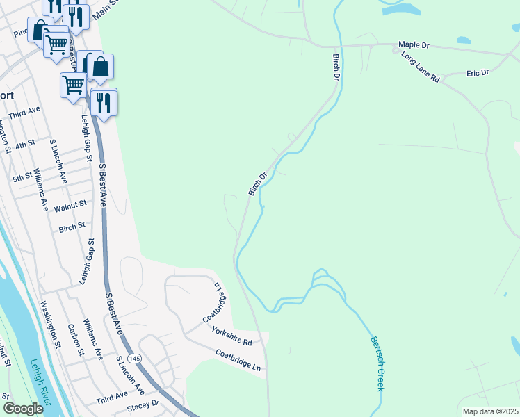 map of restaurants, bars, coffee shops, grocery stores, and more near 664 Birch Dr in Walnutport
