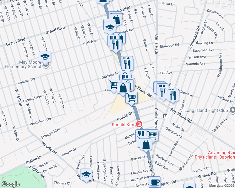 map of restaurants, bars, coffee shops, grocery stores, and more near 15 Van Cott Road in North Babylon