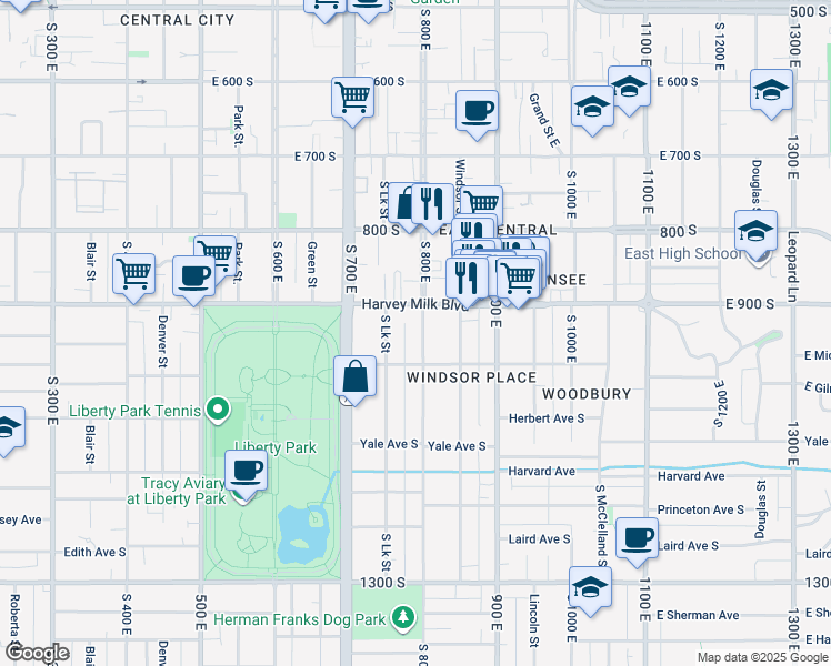 map of restaurants, bars, coffee shops, grocery stores, and more near 930 South 800 East in Salt Lake City