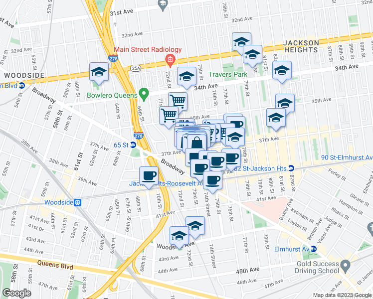 map of restaurants, bars, coffee shops, grocery stores, and more near 7227 37th Avenue in Queens