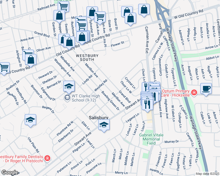 map of restaurants, bars, coffee shops, grocery stores, and more near 892 Merillon Avenue in Westbury