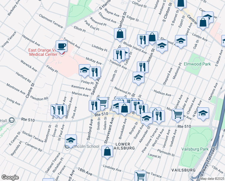 map of restaurants, bars, coffee shops, grocery stores, and more near 80 Telford Street in Newark