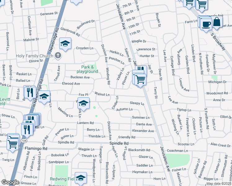 map of restaurants, bars, coffee shops, grocery stores, and more near 2 Shady Lane in Hicksville