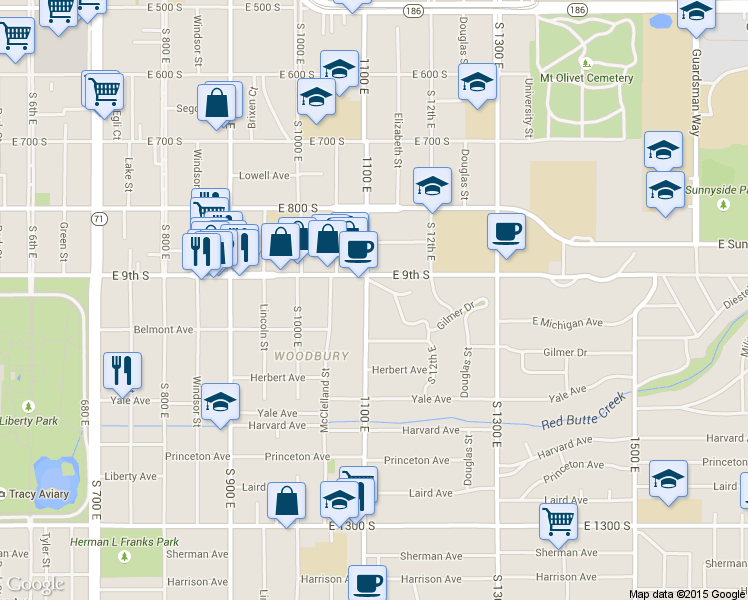 map of restaurants, bars, coffee shops, grocery stores, and more near 927 South 1100 East in Salt Lake City