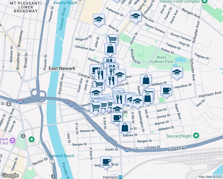 map of restaurants, bars, coffee shops, grocery stores, and more near 308 Frank E Rodgers Boulevard North in Harrison