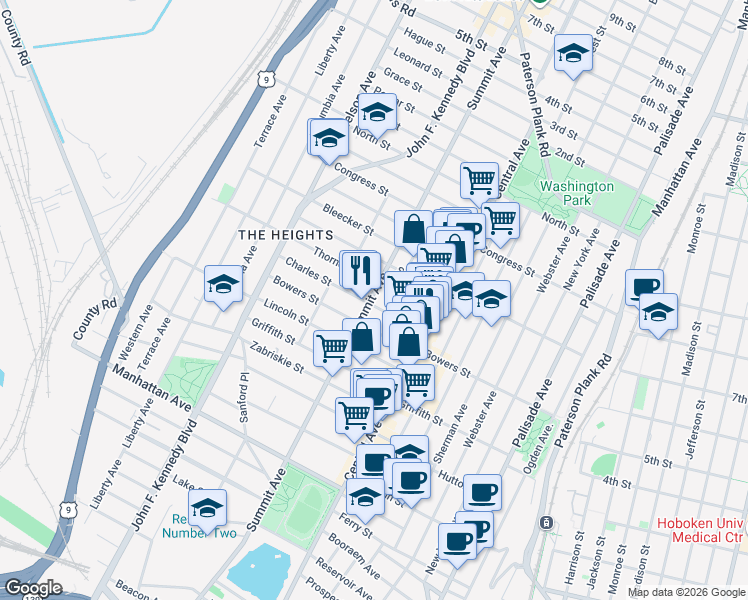 map of restaurants, bars, coffee shops, grocery stores, and more near 1009 Summit Avenue in Jersey City
