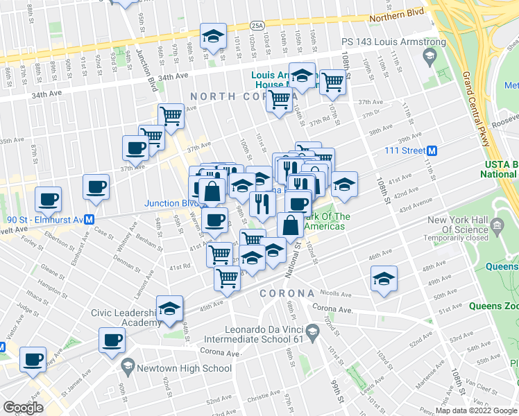 map of restaurants, bars, coffee shops, grocery stores, and more near 40-19 99th Street in Queens