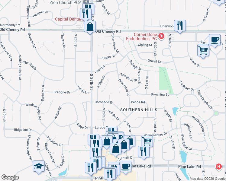 map of restaurants, bars, coffee shops, grocery stores, and more near 6211 Benjamin Place in Lincoln