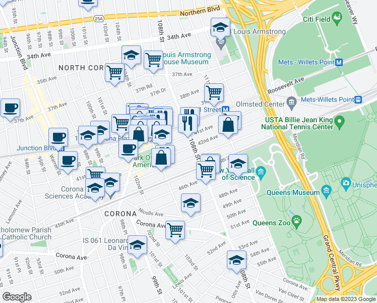 map of restaurants, bars, coffee shops, grocery stores, and more near 104-70 42nd Avenue in Queens