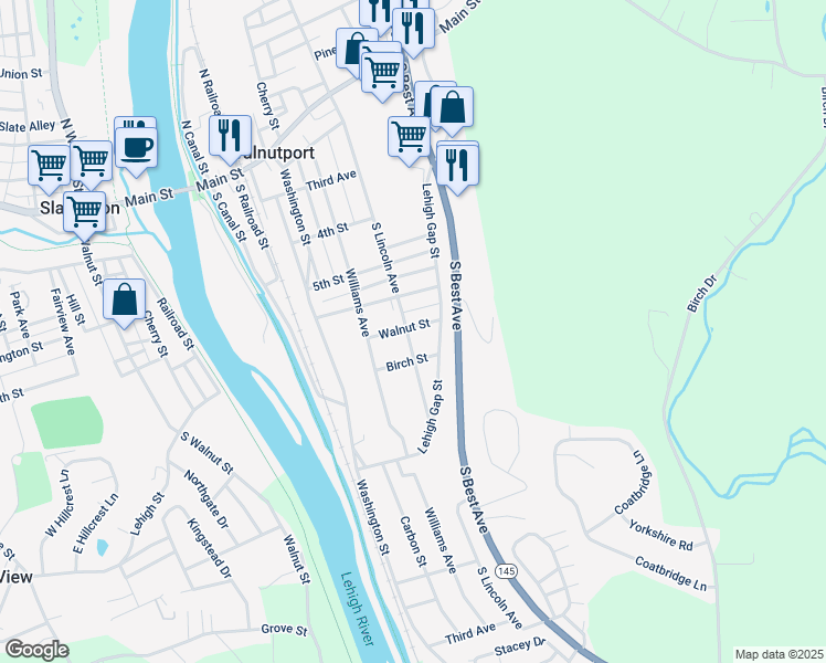 map of restaurants, bars, coffee shops, grocery stores, and more near 627 South Lincoln Avenue in Walnutport
