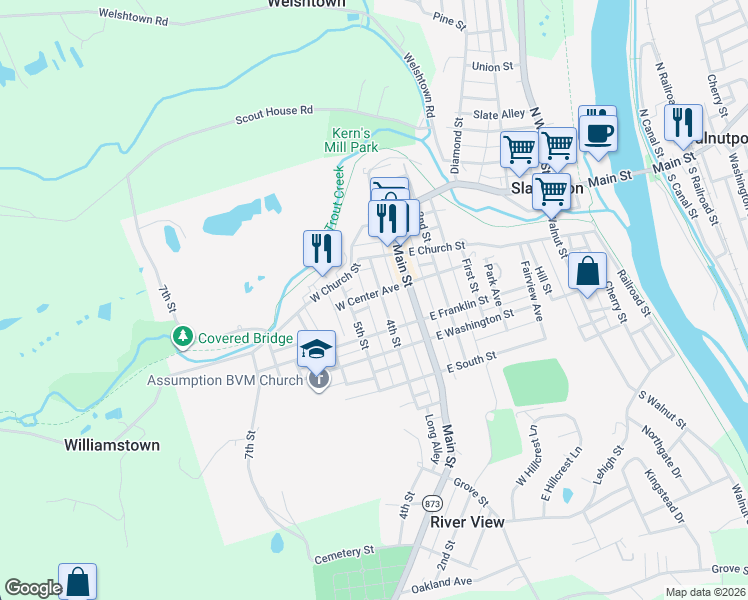 map of restaurants, bars, coffee shops, grocery stores, and more near 108 4th Street in Slatington