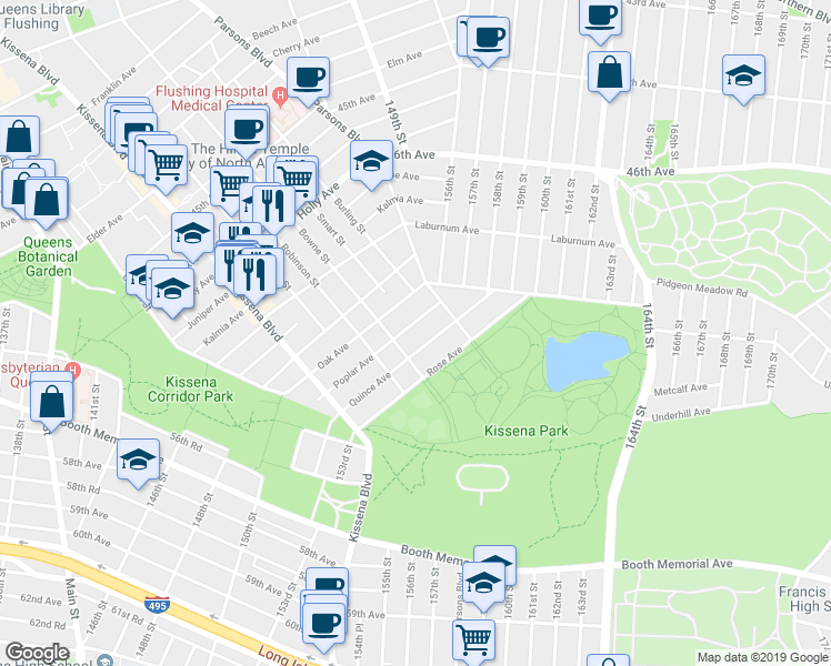 map of restaurants, bars, coffee shops, grocery stores, and more near 143-20 Poplar Avenue in Queens