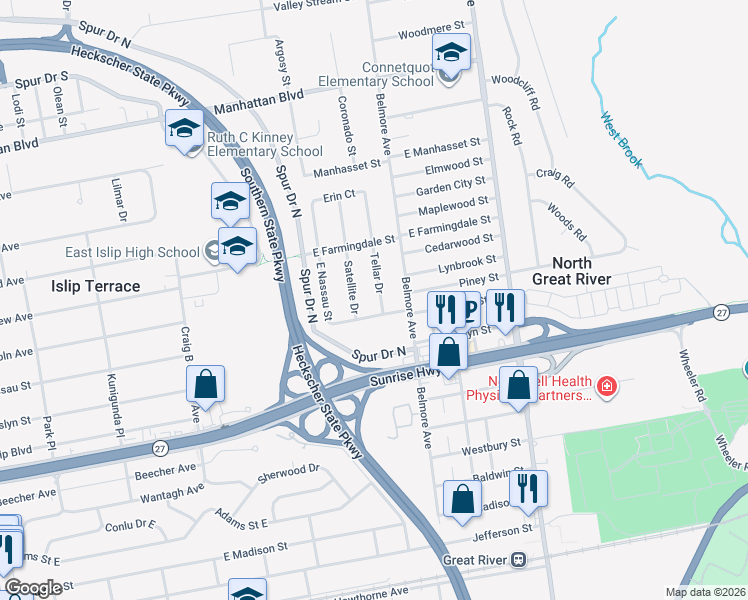 map of restaurants, bars, coffee shops, grocery stores, and more near 7 Tellar Drive in Islip Terrace