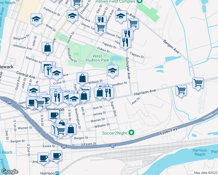 map of restaurants, bars, coffee shops, grocery stores, and more near 801 Hamilton Street in Harrison