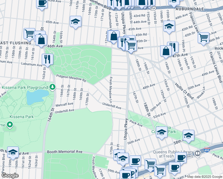 map of restaurants, bars, coffee shops, grocery stores, and more near 16 Fairchild Avenue in Queens