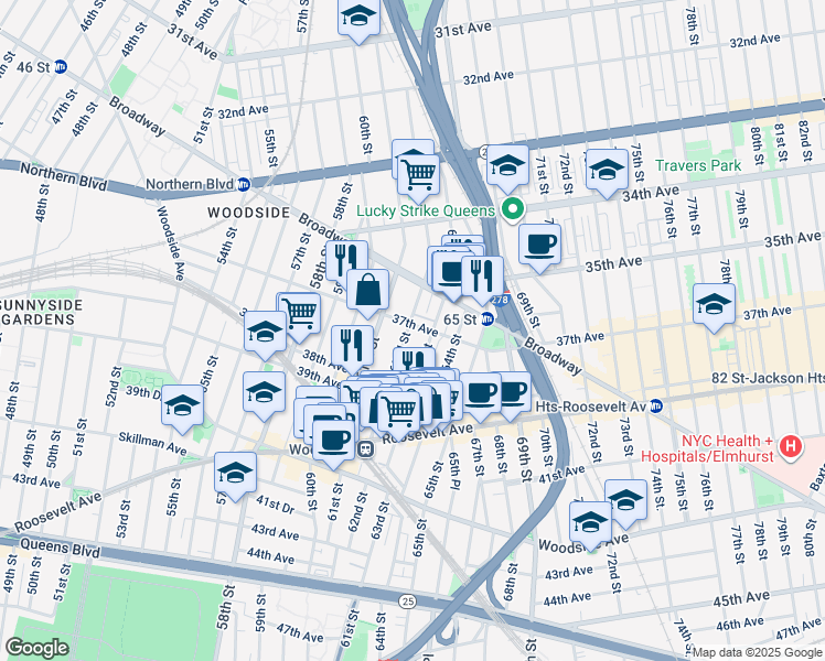 map of restaurants, bars, coffee shops, grocery stores, and more near 37-3 62nd Street in Queens